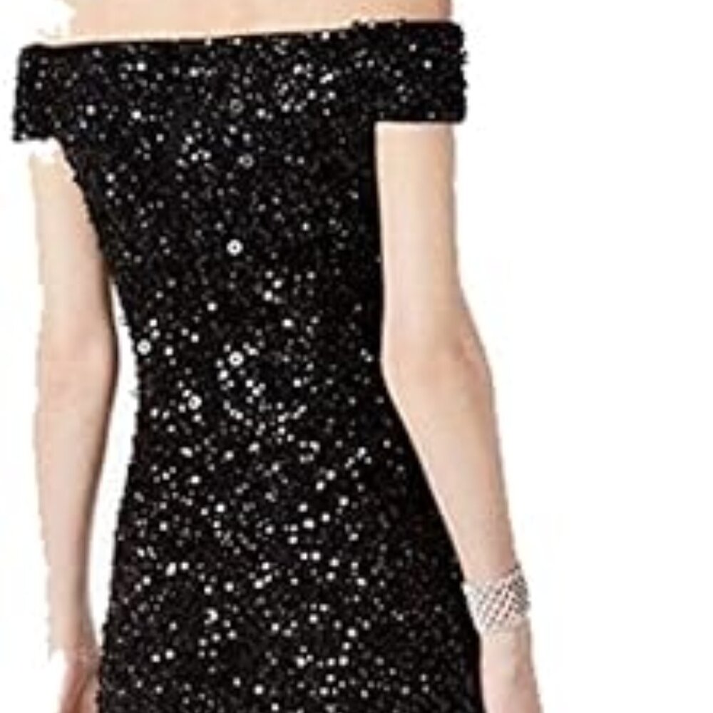 Adrianna Papell Off the Shoulder Fully Sequined Long Dress